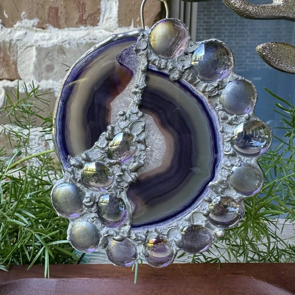 VTG Purple‎ Agate Slice Ornament 5x4 Inch Druzy Crystals Iridescent Glass Rare